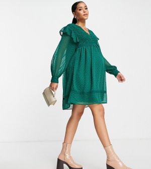 Бутылочно-зеленое платье мини с присборенной юбкой, кружевными вставками и сборками ASOS DESIGN Maternity-Зеленый цвет Maternity