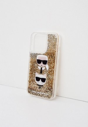 Чехол для iPhone Karl Lagerfeld 13 Pro, Liquid glitter & Choupette heads Gold. Цвет: золотой