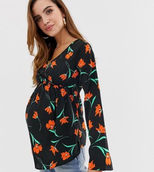 Блузка с цветочным принтом, запахом и расклешенными рукавами -Черный Influence Maternity