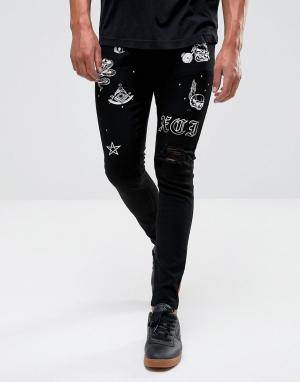 Супероблегающие джинсы с рваной отделкой и принтом Criminal Damage. Цвет: черный