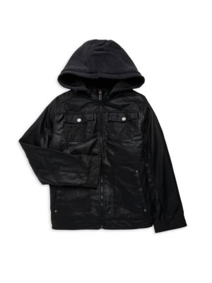 Куртка из искусственной кожи с капюшоном искусственного меха для мальчика , черный Urban Republic