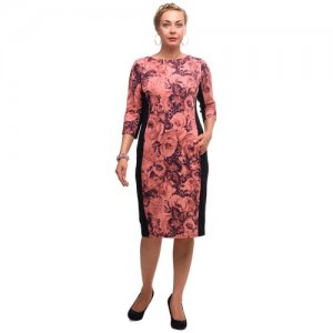Платье офисное повседневное с карманами и вставками, удлиняющими силуэт 3/4 рукав plus size (большие размеры) OL/1805004/2V-50 OLS. Цвет: розовый