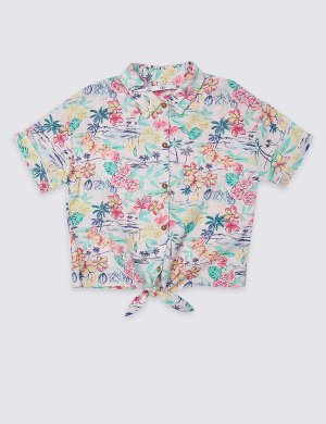 Рубашка с тропическим принтом для девочки Marks & Spencer. Цвет: розовый микс