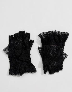 Кружевные перчатки без пальцев с рюшами ASOS. Цвет: черный