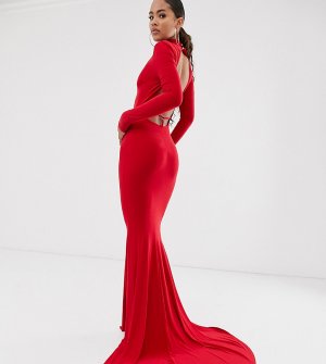 Красное платье макси с длинными рукавами и открытой спиной -Красный Club L London Tall