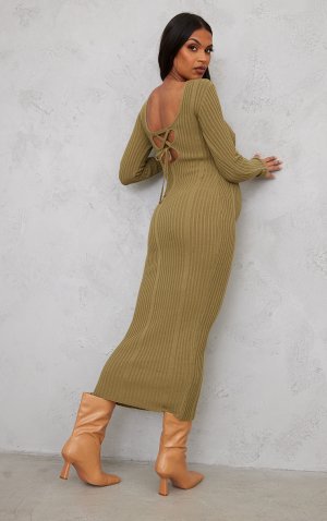 Вязаное облегающее платье Midaxi с завязкой на спине цвета хаки для беременных PrettyLittleThing