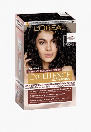 Краска для волос LOreal Paris L'Oreal без аммиака Excellence Crème Универсальные Нюдовые Оттенки, оттенок 1U, универсальный черный. Цвет: черный