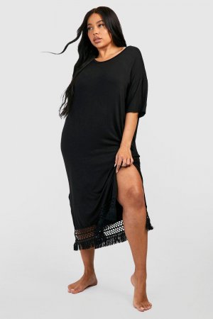 Пляжное платье Midaxi Plus с кисточками и кисточками, связанное крючком boohoo, черный Boohoo