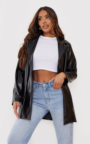 Черный удлиненный пиджак из искусственной кожи с лацканами PrettyLittleThing