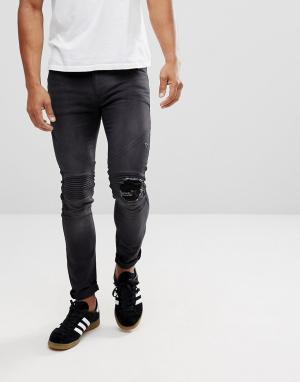 Байкерские джинсы скинни с рваными коленями Religion. Цвет: черный