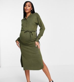 Трикотажное платье-рубашка цвета хаки с поясом для кормящих мам Mamalicious Maternity-Зеленый цвет Mama.licious