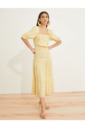 Платье-миди с цветочным принтом и квадратным вырезом, короткими рукавами-фонариками , желтый Koton