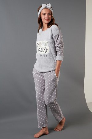 Плюшевый пижамный комплект в горошек с принтом и повязкой на голову 6094120 Lela, серый LELA