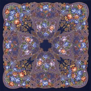 Платок ,148х148 см, голубой, оранжевый Павловопосадская платочная мануфактура. Цвет: синий