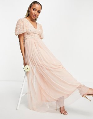 Розовое платье макси с юбкой из тюля и отделкой пайетками Bridesmaid-Розовый цвет Beauut