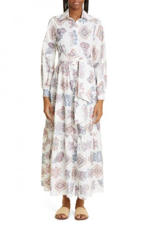 Макси-платье-рубашка из хлопкового поплина с принтом пейсли и длинными рукавами Eleventy