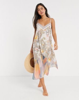 Кремовое пляжное платье миди с принтом пейсли -Кремовый River Island