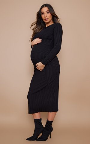 Черное платье миди в рубчик с длинными рукавами для беременных PrettyLittleThing
