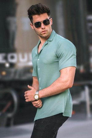 Мужская мятно-зеленая рубашка с коротким рукавом 5500 Madmext