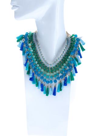 Ожерелье в этническом стиле из бусин с подвесками-кисточками ROSANTICA. Цвет: бирюзовый