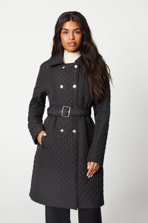 Стеганое меховое пальто Petite Mini с ромбовидной фурнитурой , черный Wallis