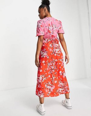 Розово-красное чайное платье миди с контрастным принтом New Look
