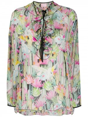 Блузка с оборками и цветочным принтом Giamba. Цвет: белый
