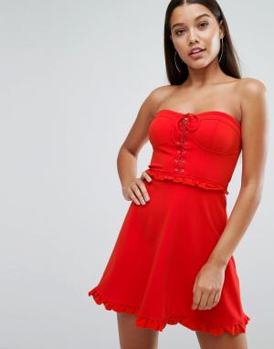 Короткое приталенное платье мини с корсетом на шнуровке и оборками Naa NaaNaa. Цвет: красный