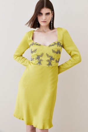 Атласное мини-платье с длинными рукавами и украшением, желтый Karen Millen
