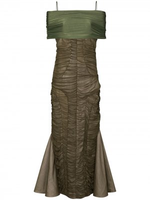 Платье миди с открытыми плечами и сборками Richard Malone. Цвет: зеленый