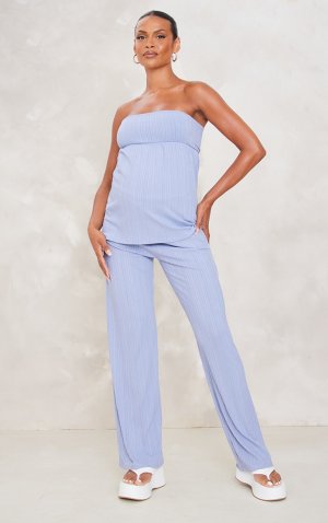 Сине-серые широкие брюки в рубчик для беременных PrettyLittleThing