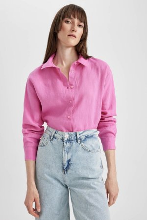 Рубашка оверсайз из 100% льна с длинными рукавами , розовый DeFacto