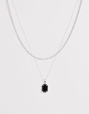 Двухъярусное ожерелье с черной подвеской -Серебряный Chained & Able