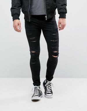 Черные рваные супероблегающие джинсы -Черный New Look