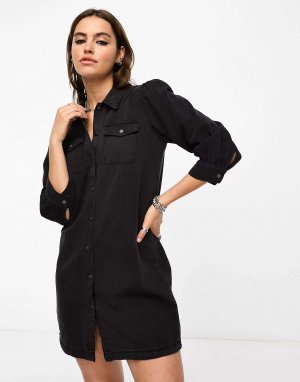 Черное джинсовое мини-платье с пышными рукавами ONLY