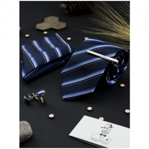 Комплект: галстук, запонки, платок, зажим темно-синий в полоску 2beMan. Цвет: синий
