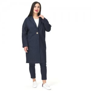 Кардиган-куртка женский джинсовый удлиненный на 1 пуговице с карманами длинным рукавом plus size (большие размеры) Темно-синий OL/2113001-52 OLS. Цвет: синий