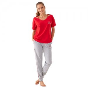 Пижама женская с брюками и футболкой со штанами костюм домашний хлопок подарок для женщин Relax Mode. Цвет: серый/красный