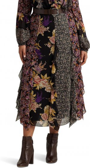 Юбка из жоржета со смешанной цветочной отделкой и рюшами больших размеров LAUREN Ralph Lauren, цвет Black/Tan/Multi