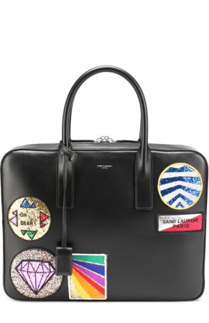 Кожаная сумка для ноутбука с контрастными аппликациями Saint Laurent. Цвет: черный