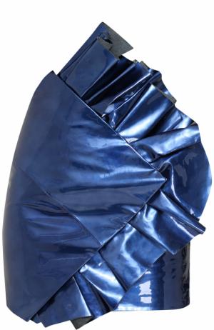 Кожаная мини-юбка с оборками Saint Laurent. Цвет: голубой