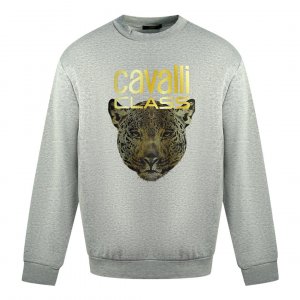 Серый джемпер с леопардовым принтом и логотипом , Roberto Cavalli