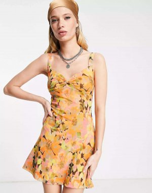Разноцветное мини-платье из крупной сетки с цветочным принтом джерси Topshop