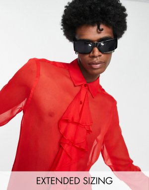 Красная прозрачная рубашка стандартного кроя с рюшами спереди ASOS DESIGN
