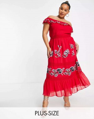 Красное платье миди с открытыми плечами и вышивкой Hope & Ivy Plus
