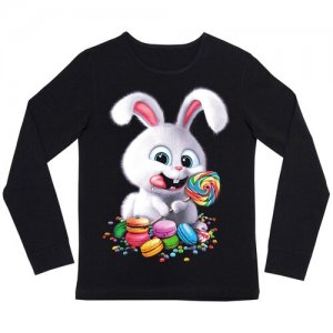 Лонгслив детский 345-01 Кролик с карамелькой, размер 152, черный, светится в темноте и ультрафиолете Dodogood. Цвет: черный