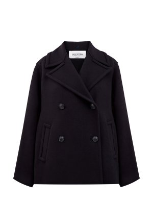 Двубортное пальто-бушлат из плотной шерстяной ткани VALENTINO. Цвет: черный
