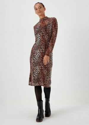 Коричневое платье-миди в сеточку с леопардовым принтом Papaya