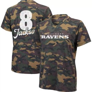 Женская футболка Threads Lamar Jackson Camo Baltimore Ravens с именем и номером, v-образным вырезом из трех смесей Majestic