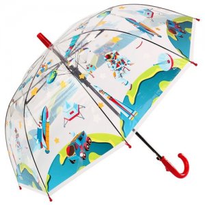 Зонт трость детский для мальчиков и девочек Космическое приключение, прозрачный со свистком; полуавтоматический зонт-трость с красной ручкой Baziator. Цвет: красный/голубой/зеленый